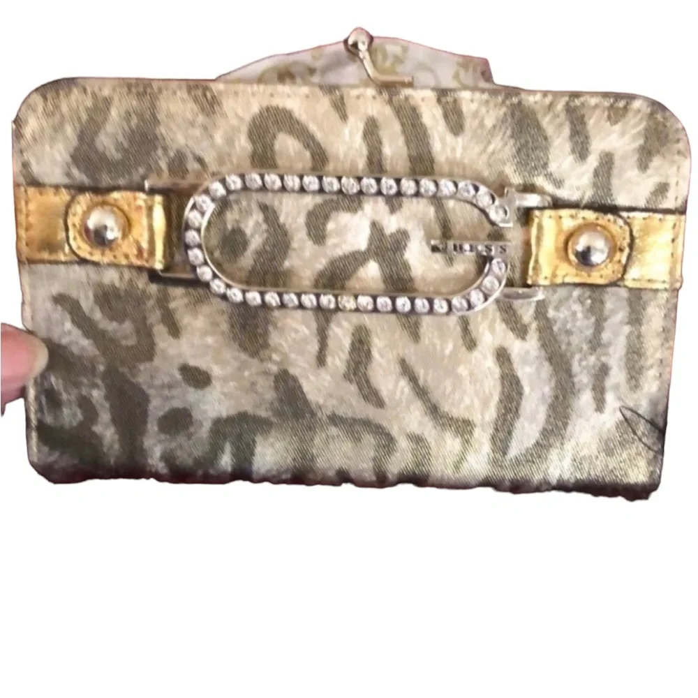 Guess gold metallic & animal print walllet clutch Rhinestone detail NIB